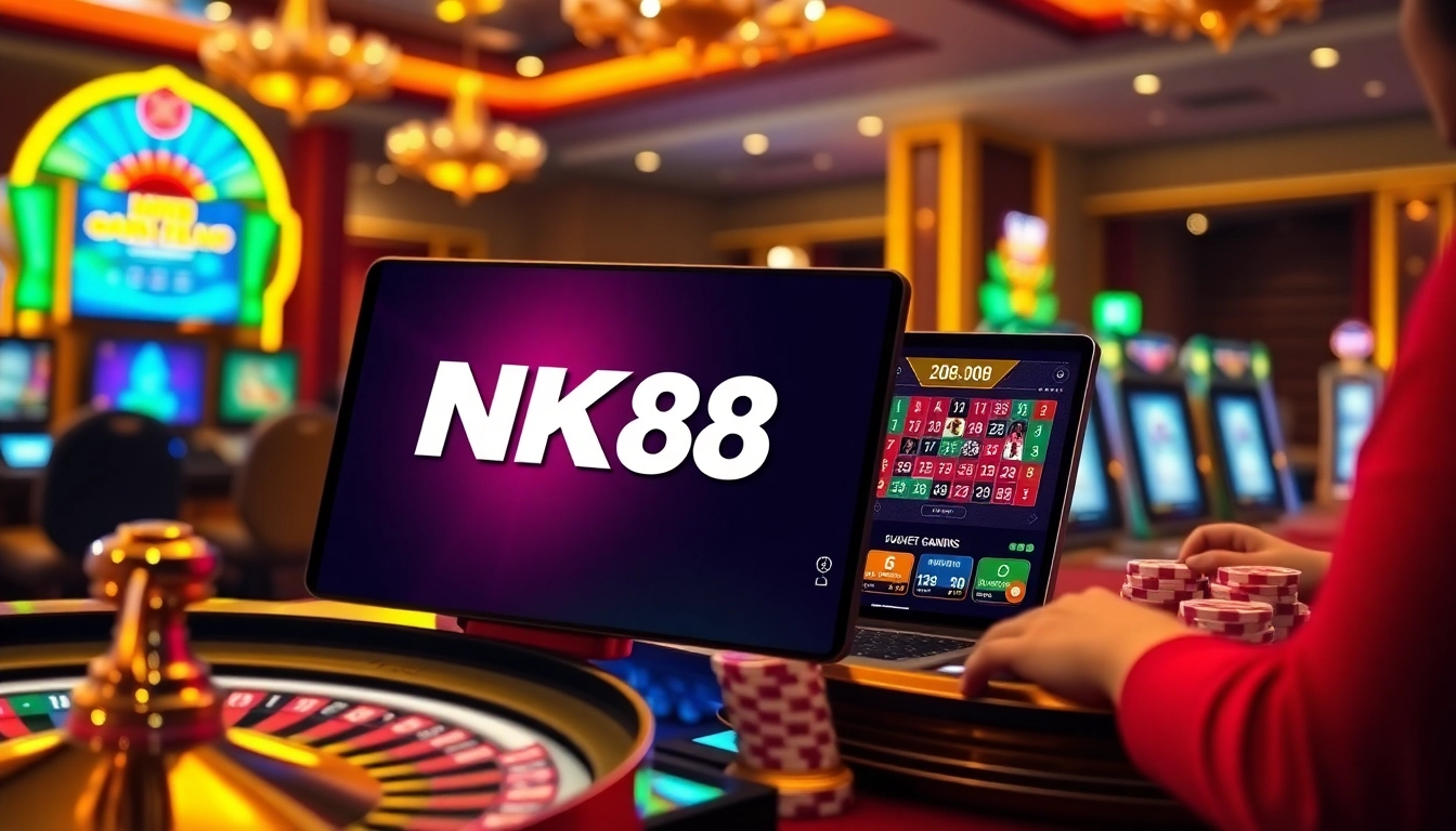 NK88 online gamblers enjoying a vibrant casino atmosphere with roulette wheel and slot machines.