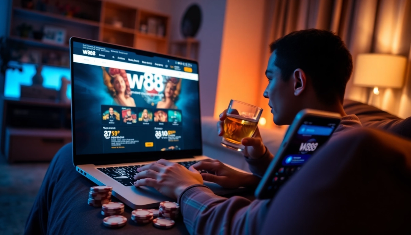 w88.nyc showcases a modern online casino experience with a user engaging on a sleek website.