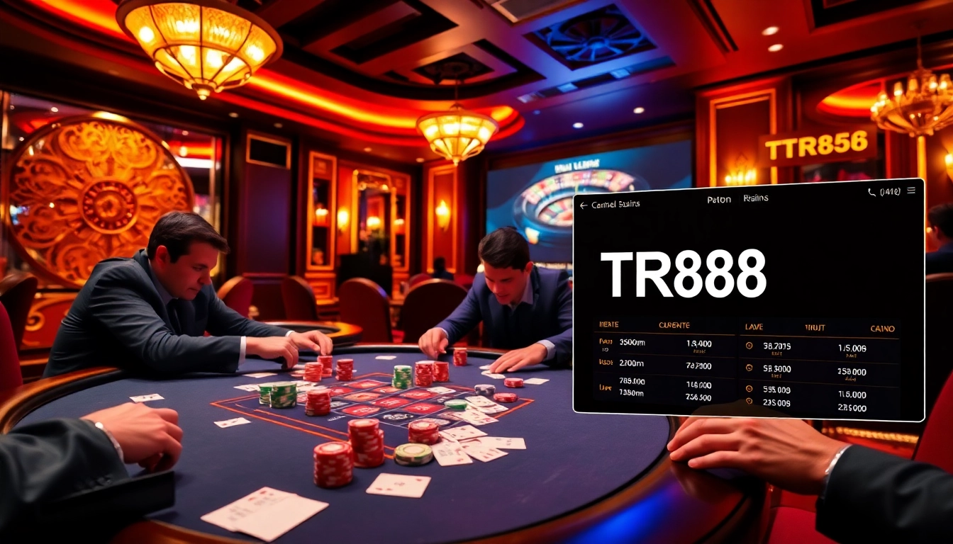 Players strategizing at a TR88 poker table, showcasing high-stakes gambling excitement.