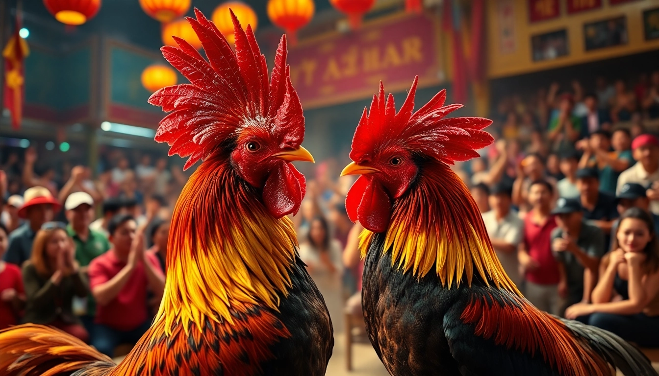 Live cockfighting at SV368, showcasing thrilling matches and excited spectators.