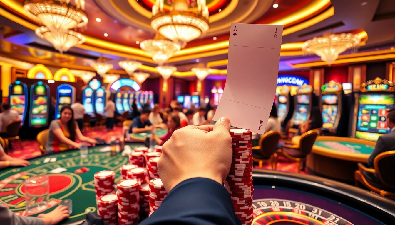 Players enjoying KP88 gaming experience at a vibrant casino, filled with excitement and luxury.